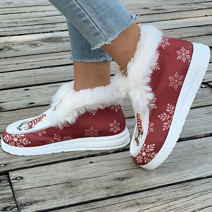 Women's Christmas Gnome Print Snow Boots Fuzzy Lined