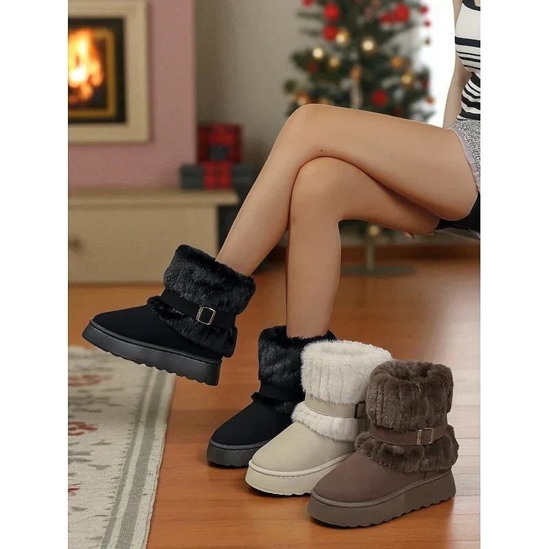 Women's Ankle Snow Boots Fur Trimmed Buckle Detail