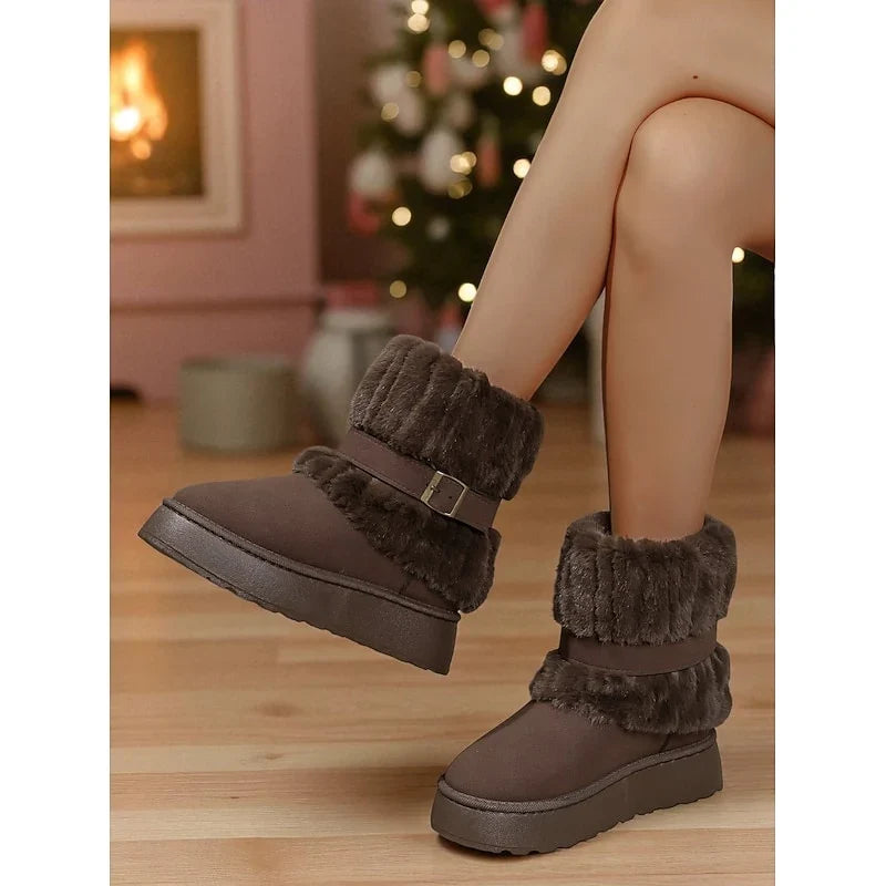 Women's Ankle Snow Boots Fur Trimmed Buckle Detail