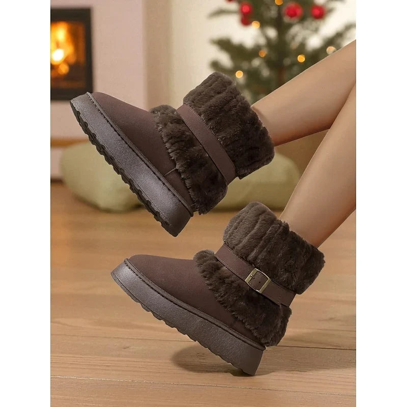Women's Ankle Snow Boots Fur Trimmed Buckle Detail