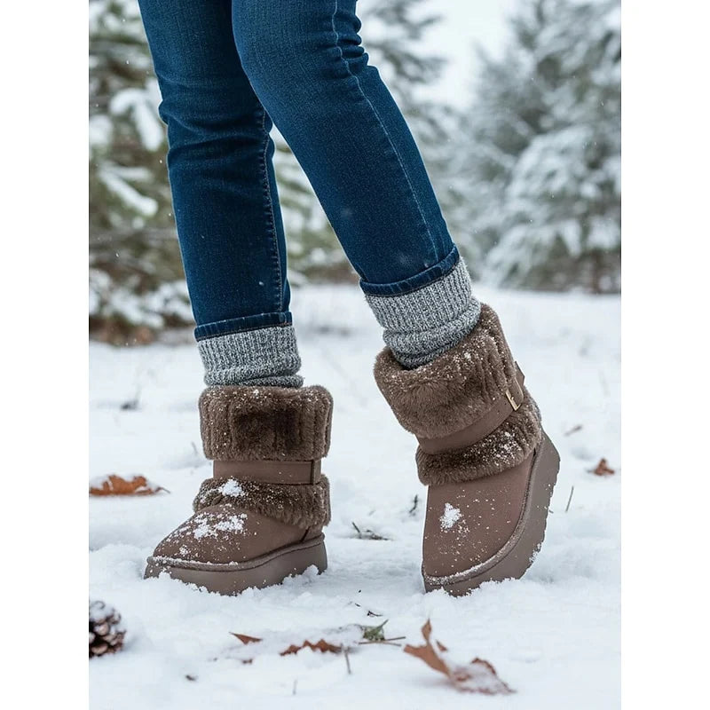 Women's Ankle Snow Boots Fur Trimmed Buckle Detail