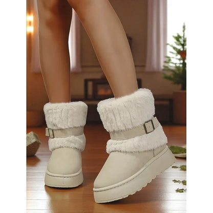 Women's Ankle Snow Boots Fur Trimmed Buckle Detail