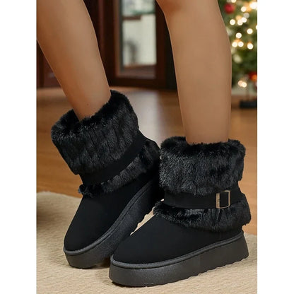 Women's Ankle Snow Boots Fur Trimmed Buckle Detail