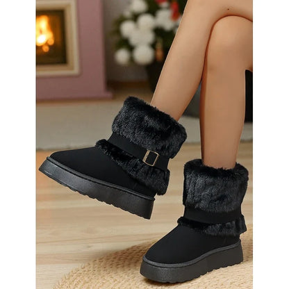 Women's Ankle Snow Boots Fur Trimmed Buckle Detail