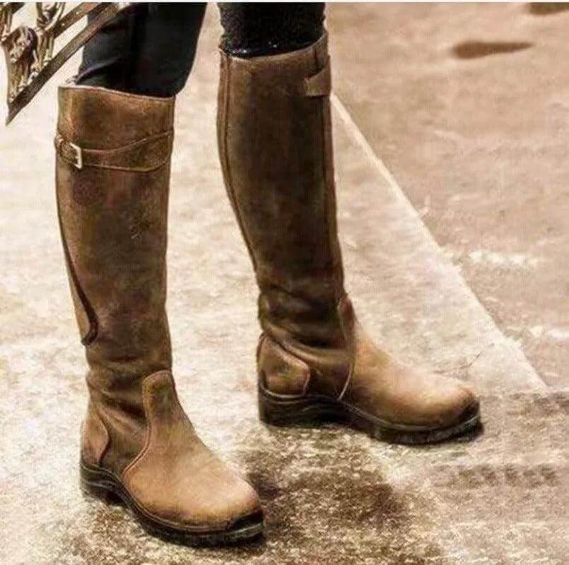 Women's Knee-High Riding Boots Buckle Strap Rubber Sole