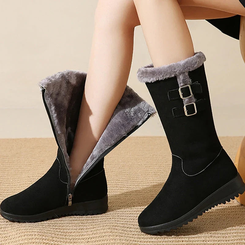 Women's Mid-Calf Snow Boots Warm Lined Buckle Detail