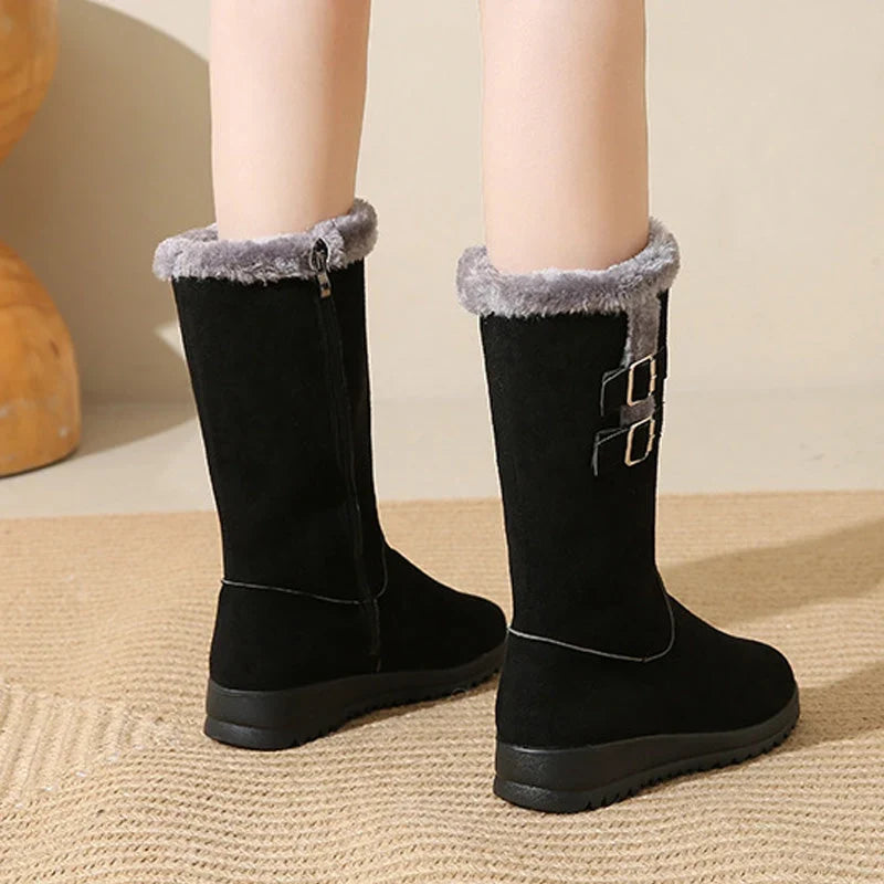 Women's Mid-Calf Snow Boots Warm Lined Buckle Detail