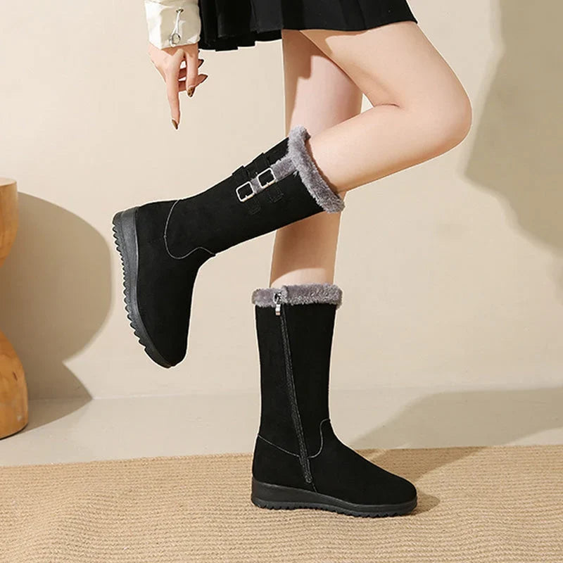 Women's Mid-Calf Snow Boots Warm Lined Buckle Detail