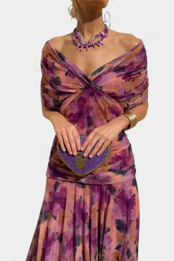 Theophila | Off-Shoulder Chiffon Wedding Guest Dress for Special Events