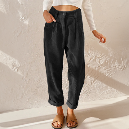 Tindralora | Wide-Leg Linen High Waist Corduroy Trousers with Relaxed Tapered Fit