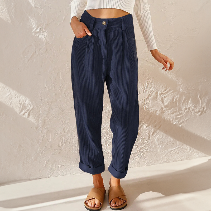Tindralora | Wide-Leg Linen High Waist Corduroy Trousers with Relaxed Tapered Fit