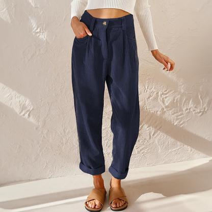 Tindralora | Wide-Leg Linen High Waist Corduroy Trousers with Relaxed Tapered Fit