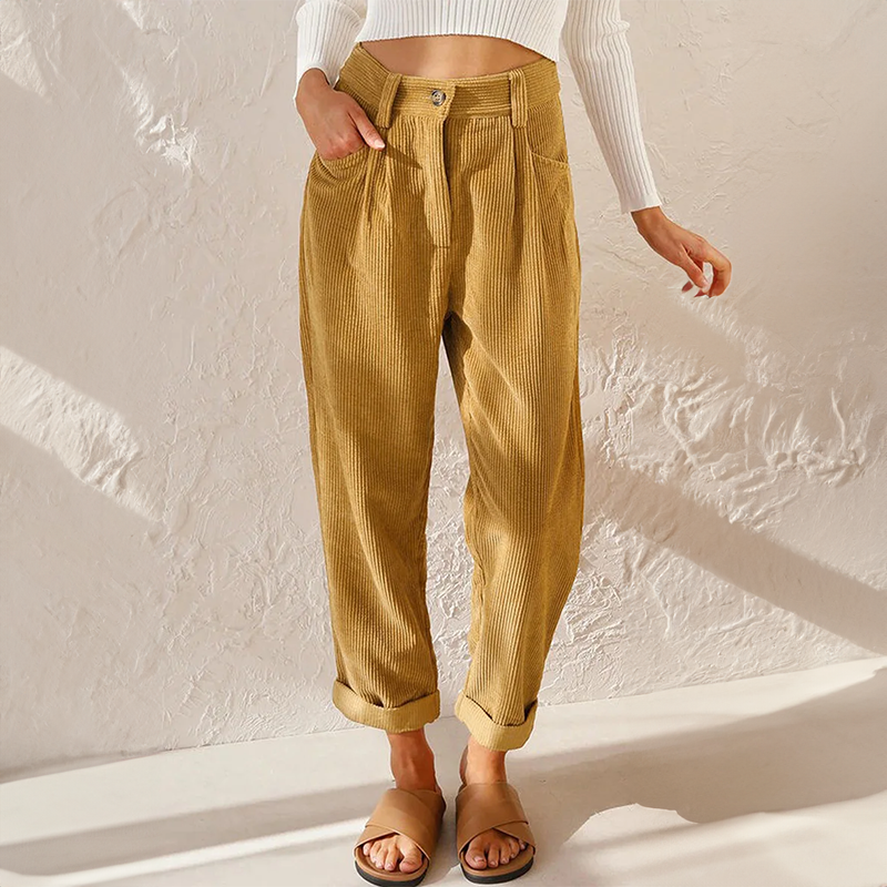 Tindralora | Wide-Leg Linen High Waist Corduroy Trousers with Relaxed Tapered Fit