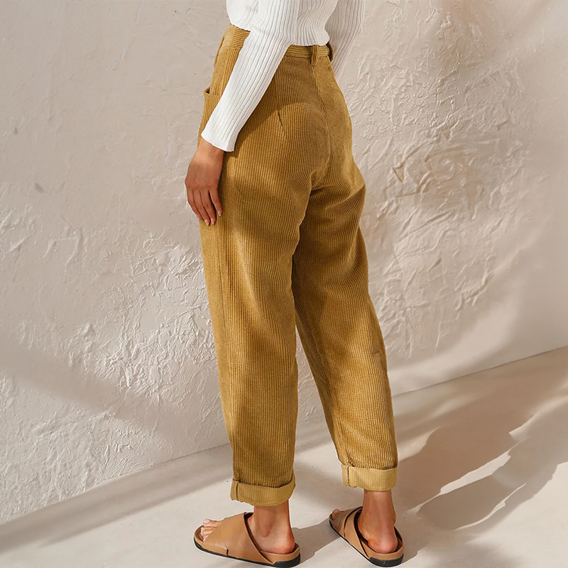 Tindralora | Wide-Leg Linen High Waist Corduroy Trousers with Relaxed Tapered Fit