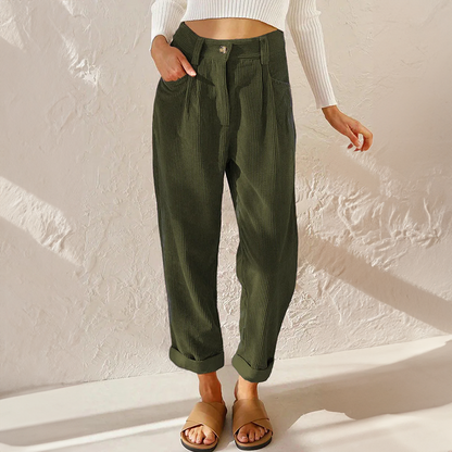 Tindralora | Wide-Leg Linen High Waist Corduroy Trousers with Relaxed Tapered Fit