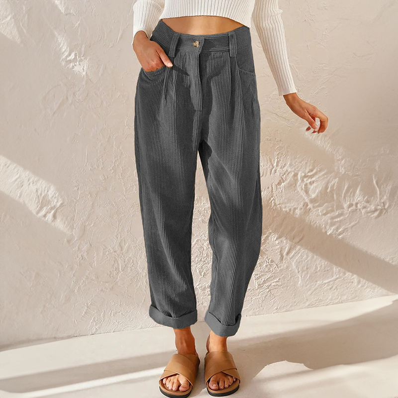 Tindralora | Wide-Leg Linen High Waist Corduroy Trousers with Relaxed Tapered Fit