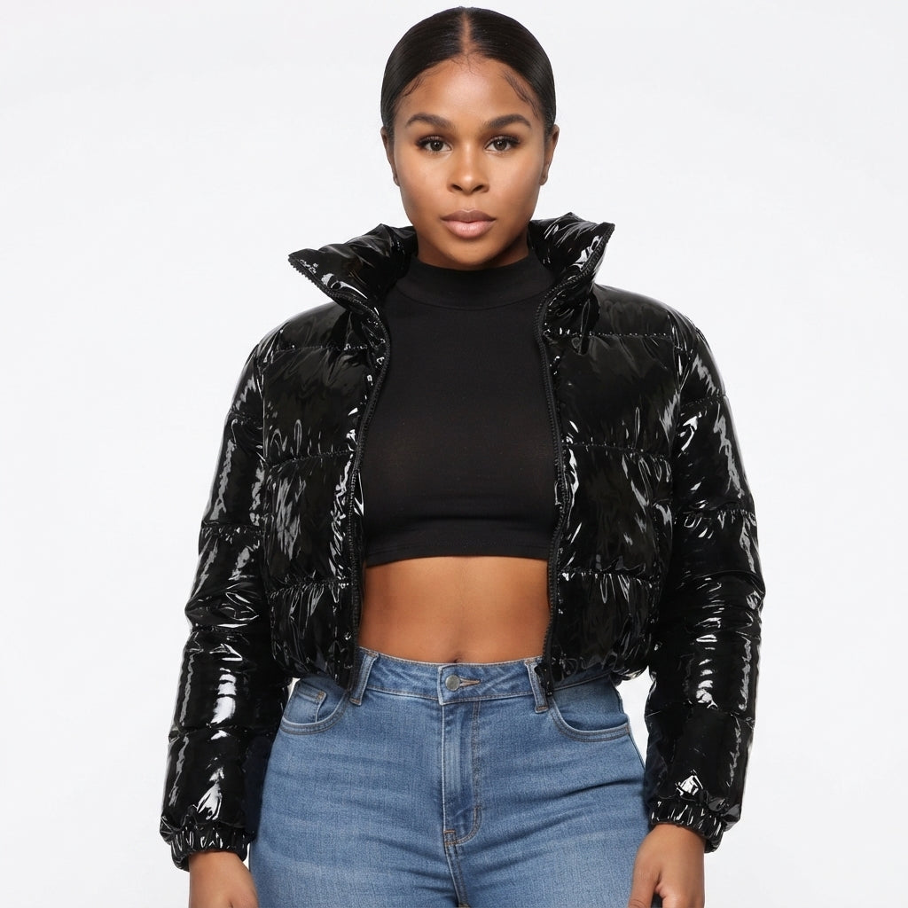 Women's Cropped Puffer Jacket - Glossy Winter Coat