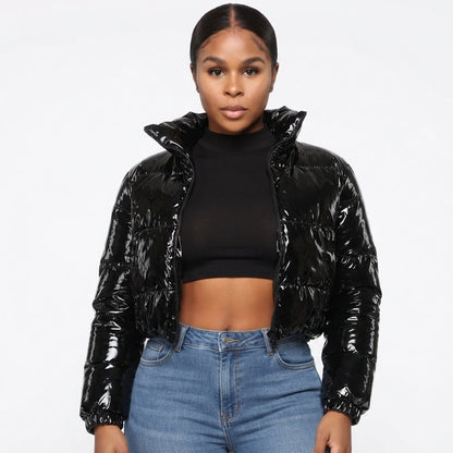 Women's Cropped Puffer Jacket - Glossy Winter Coat