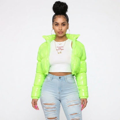 Women's Cropped Puffer Jacket - Glossy Winter Coat