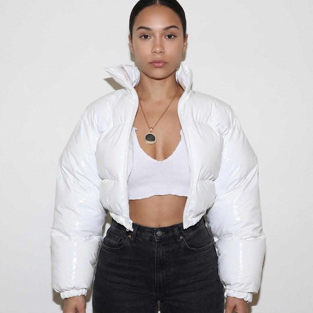 Women's Cropped Puffer Jacket - Glossy Winter Coat
