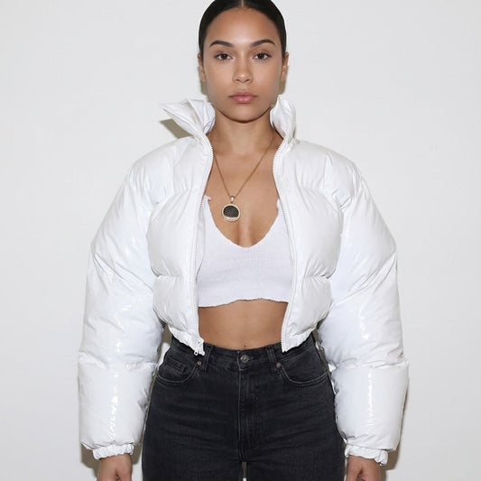 Women's Cropped Puffer Jacket - Glossy Winter Coat