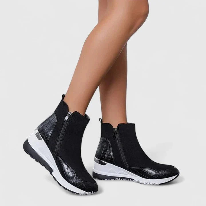 Women's Walking Boots Wedge Ankle Side-Zip Croc-Embossed