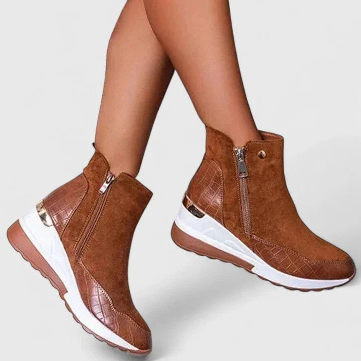 Women's Walking Boots Wedge Ankle Side-Zip Croc-Embossed