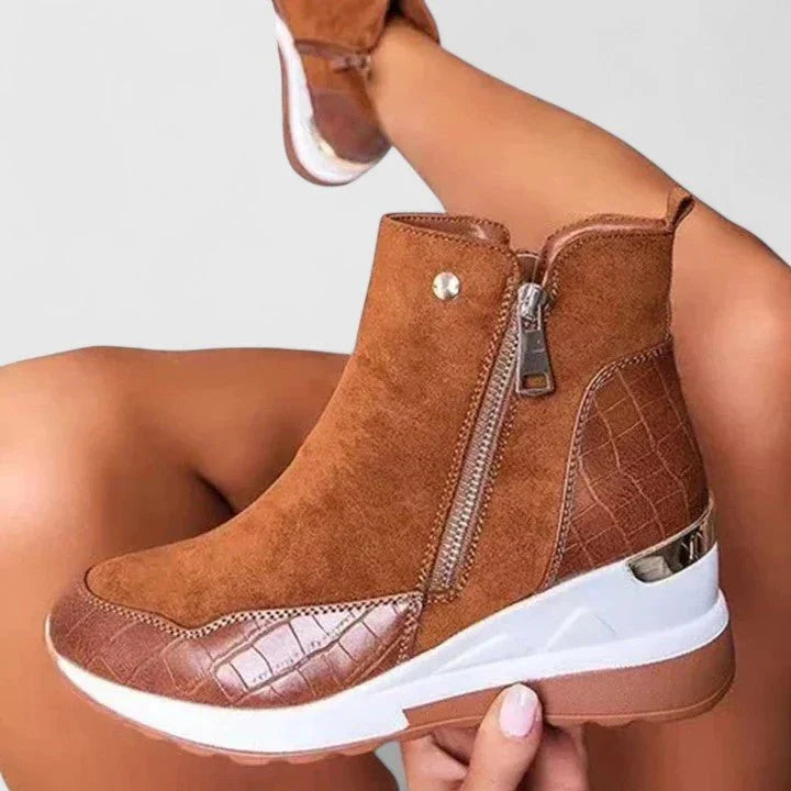 Women's Walking Boots Wedge Ankle Side-Zip Croc-Embossed
