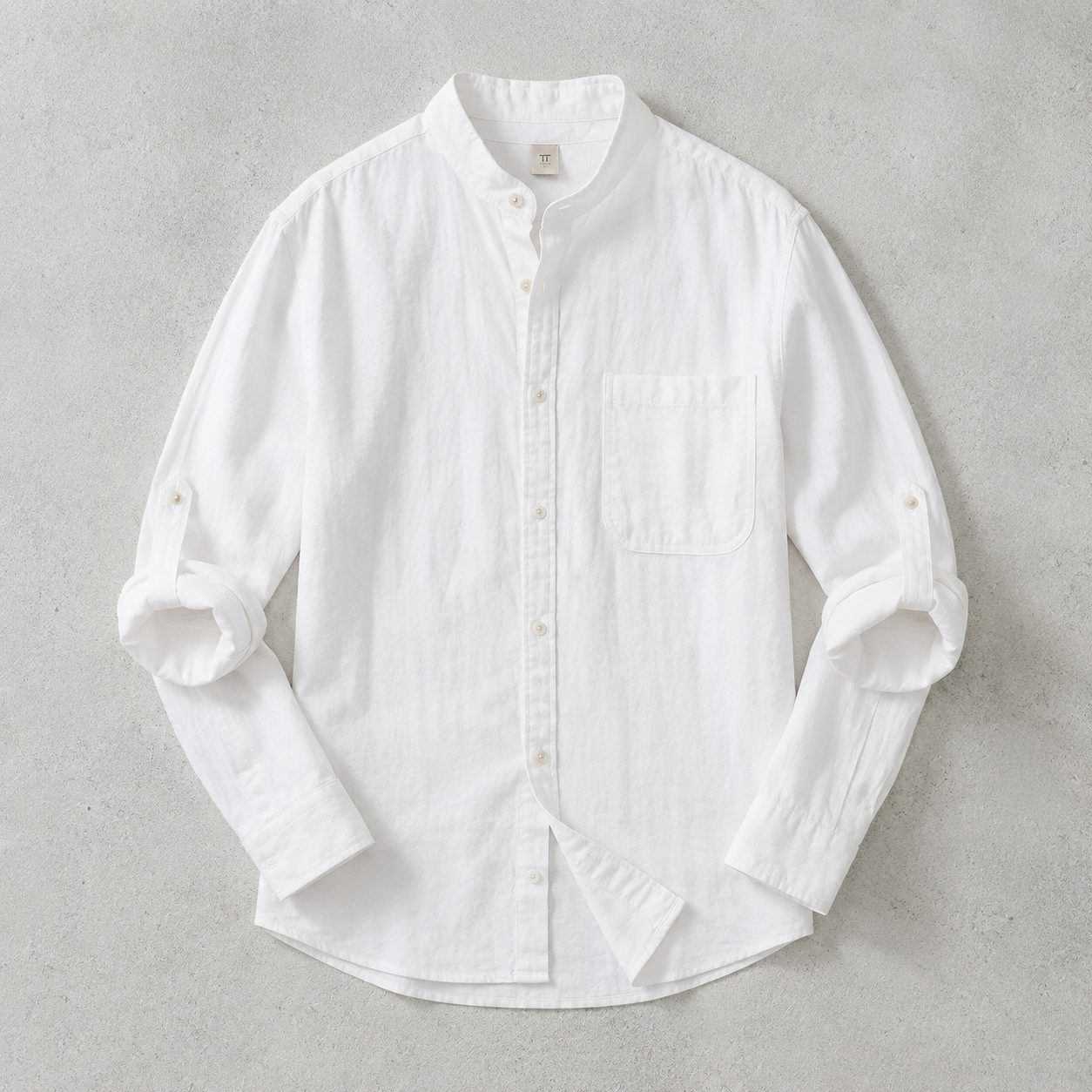 Men's Stand Collar Shirt - Casual Roll Sleeve Button Down