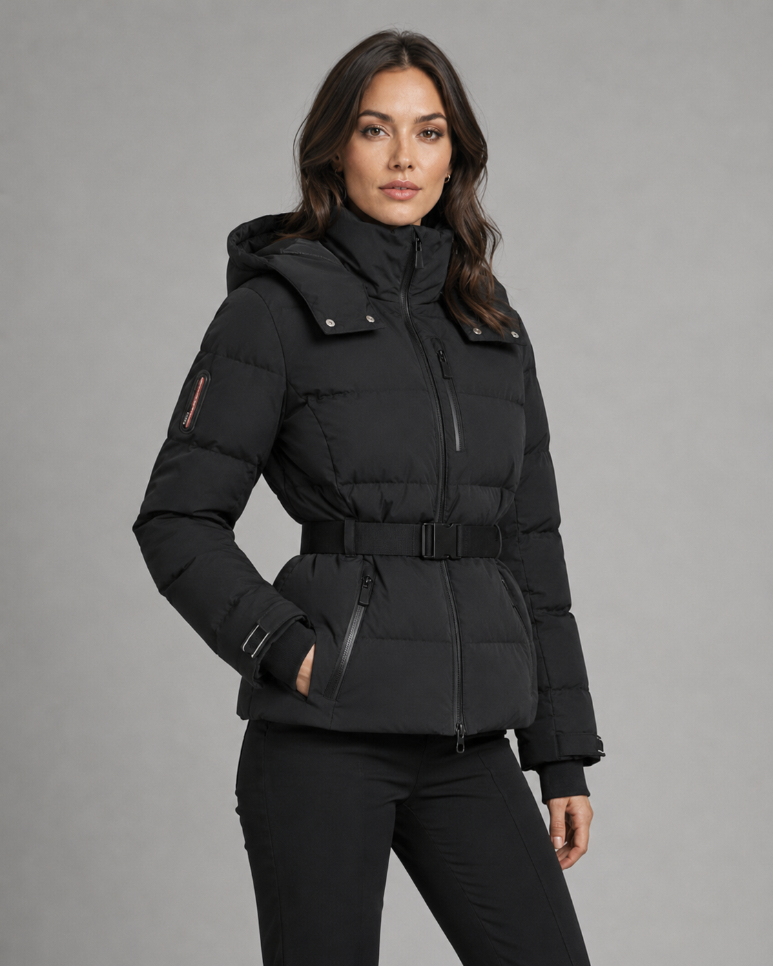 Women's Puffer Jacket - Hooded Belted Fitted Waist