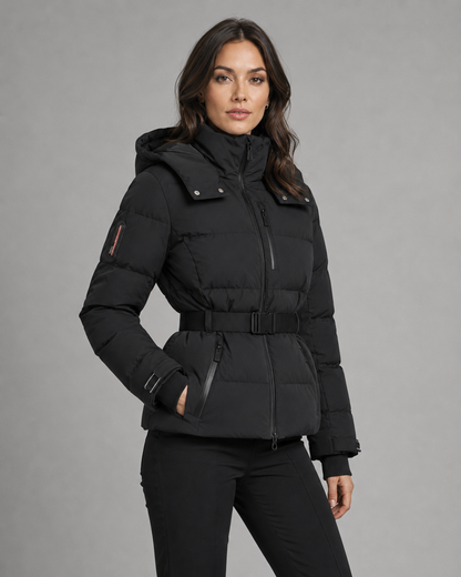 Women's Puffer Jacket - Hooded Belted Fitted Waist