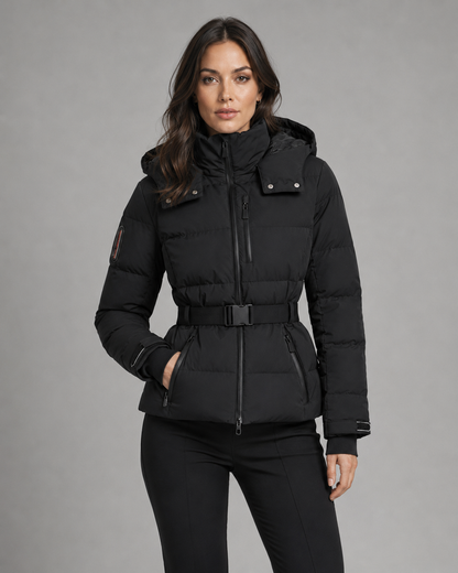 Women's Puffer Jacket - Hooded Belted Fitted Waist