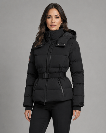 Women's Puffer Jacket - Hooded Belted Fitted Waist