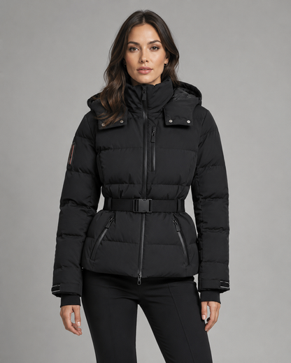 Women's Puffer Jacket - Hooded Belted Fitted Waist