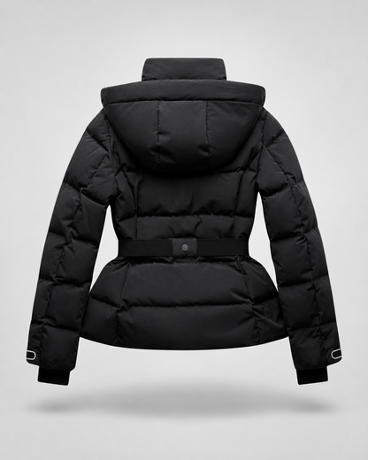 Women's Puffer Jacket - Hooded Belted Fitted Waist