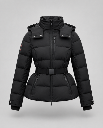 Women's Puffer Jacket - Hooded Belted Fitted Waist