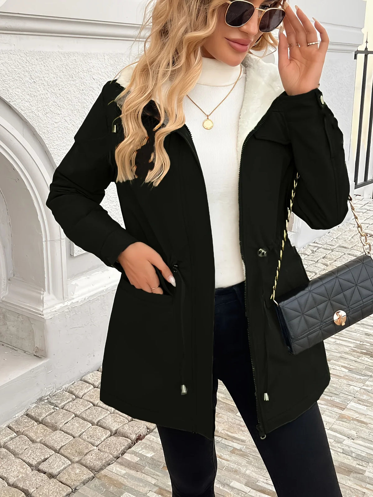 Women's Black Sherpa-Lined Jacket – Hooded Zip-Up