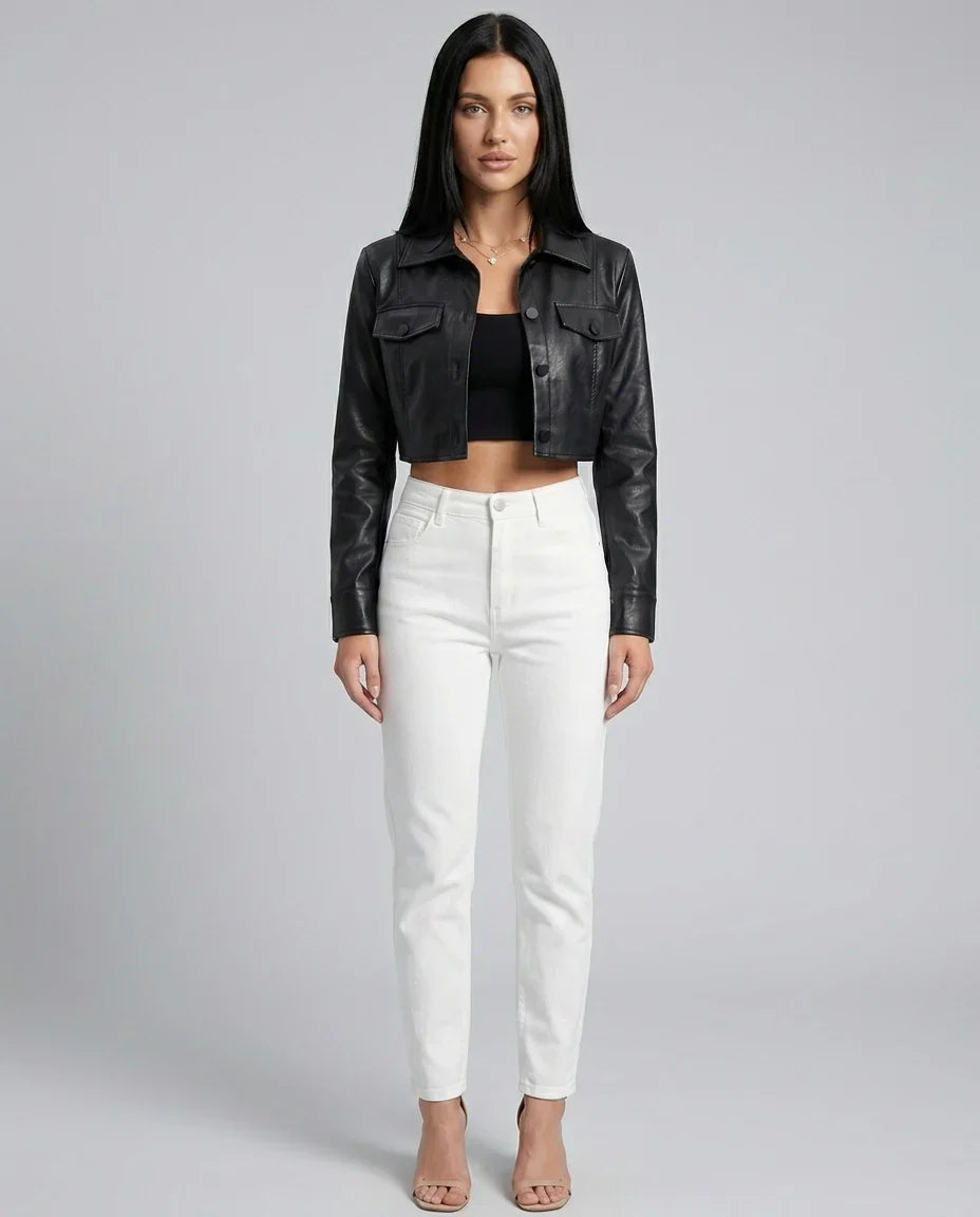 Women's Black Cropped Jacket – Structured Collar Button Front