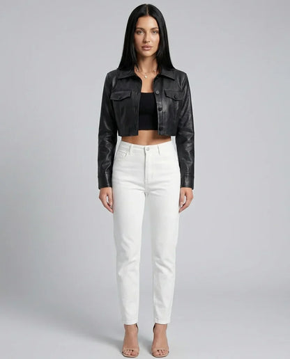 Women's Black Cropped Jacket – Structured Collar Button Front