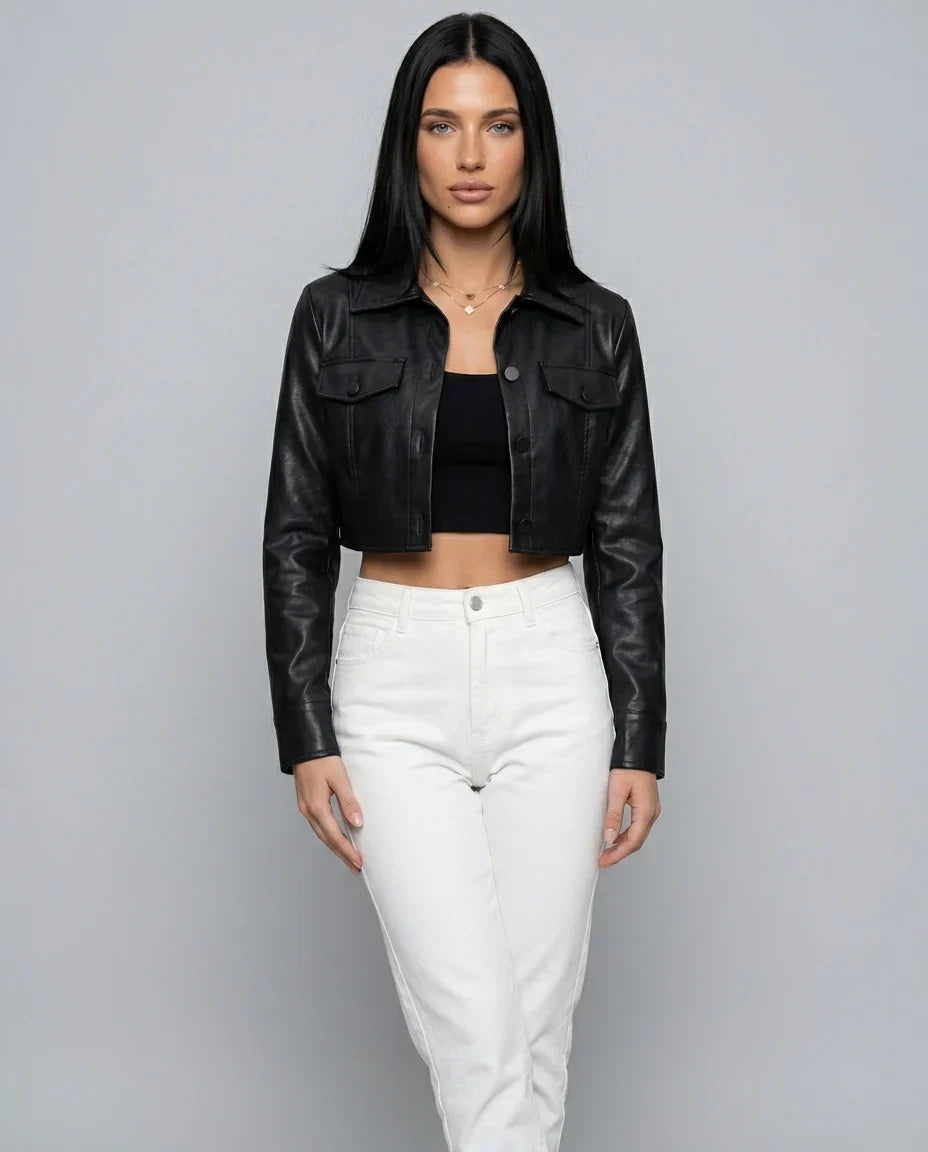 Women's Black Cropped Jacket – Structured Collar Button Front