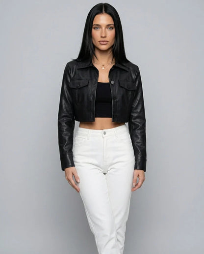 Women's Black Cropped Jacket – Structured Collar Button Front