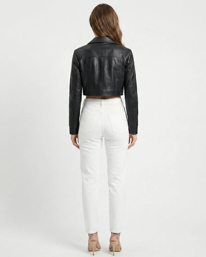 Women's Black Cropped Jacket – Structured Collar Button Front