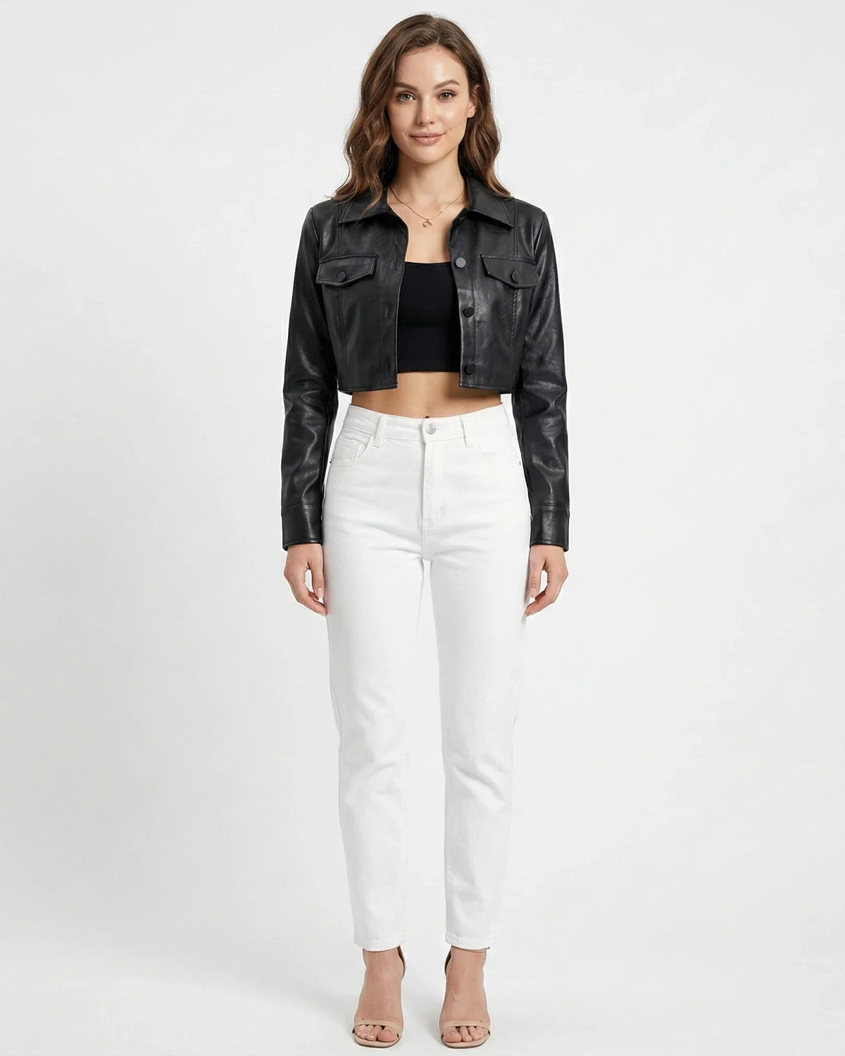 Women's Black Cropped Jacket – Structured Collar Button Front