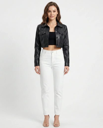 Women's Black Cropped Jacket – Structured Collar Button Front