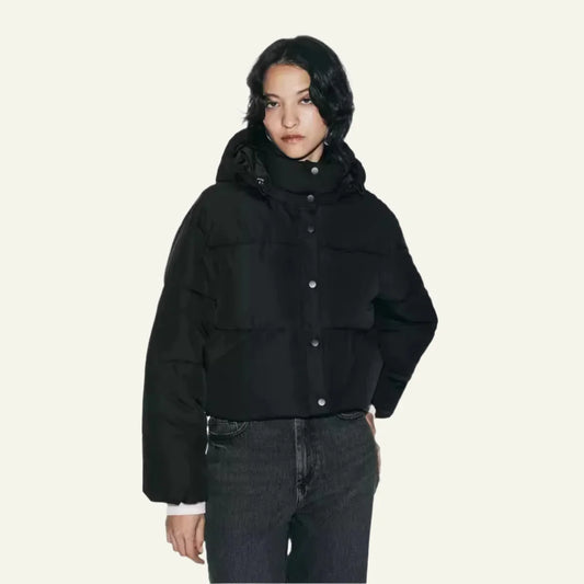 Women's Black Puffer Jacket - Lightweight Hooded Winter Coat
