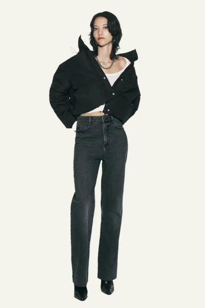 Women's Black Puffer Jacket - Lightweight Hooded Winter Coat