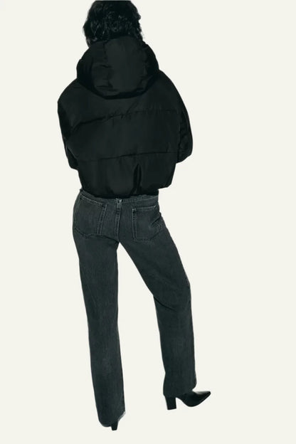 Women's Black Puffer Jacket - Lightweight Hooded Winter Coat