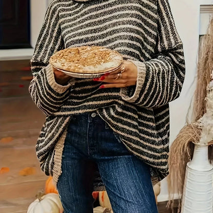 Women's Black Striped Sweater – High Neck Long Sleeve