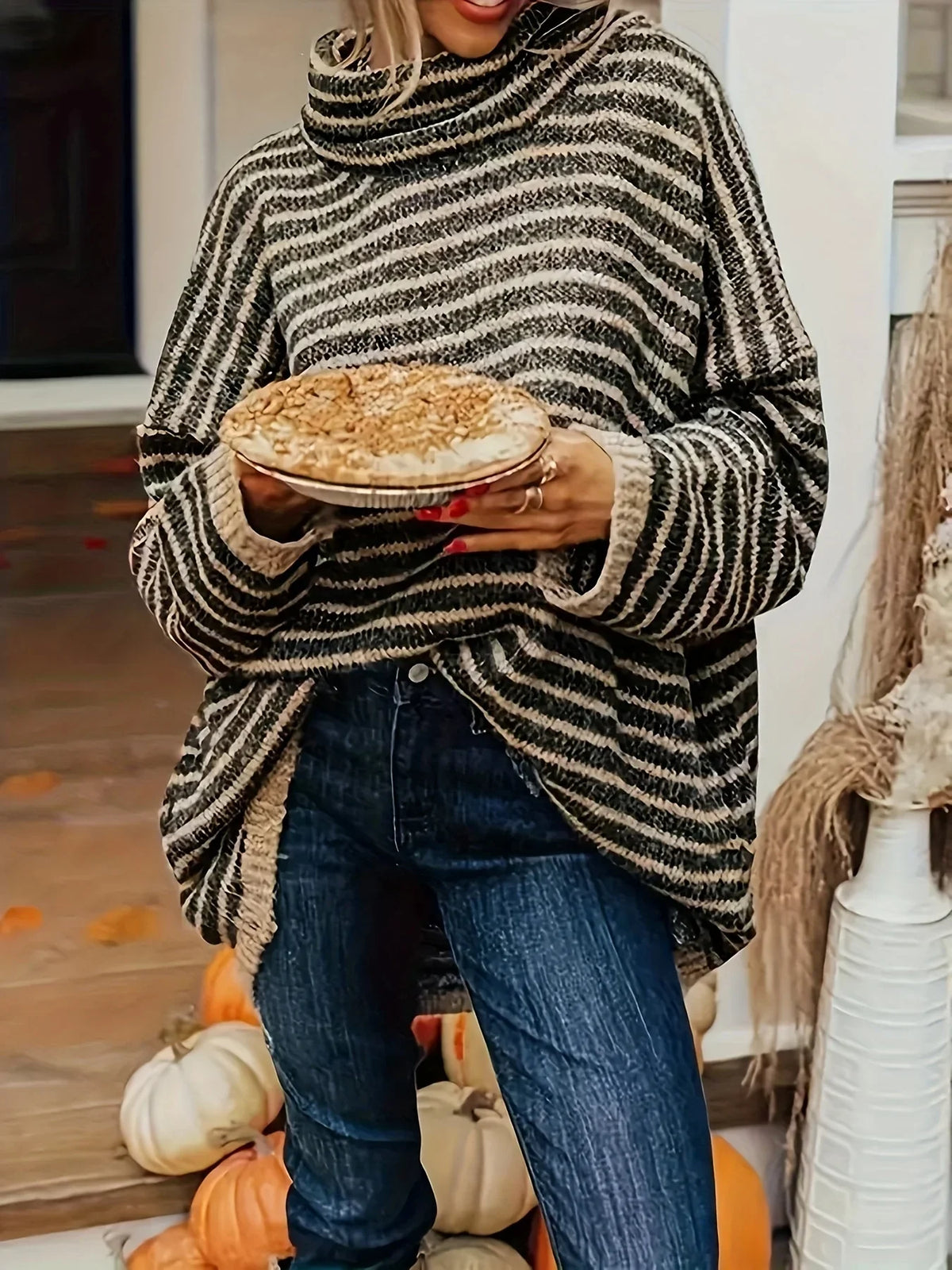Women's Black Striped Sweater – High Neck Long Sleeve