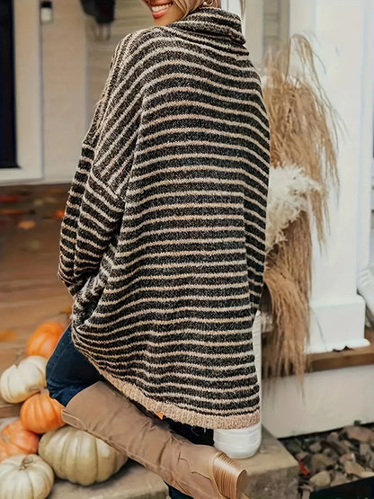 Women's Black Striped Sweater – High Neck Long Sleeve